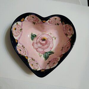 Lesal Ceramics Heart Shaped Bowl Hand Crafted, Roses Floral Design 8" Pink Blue
